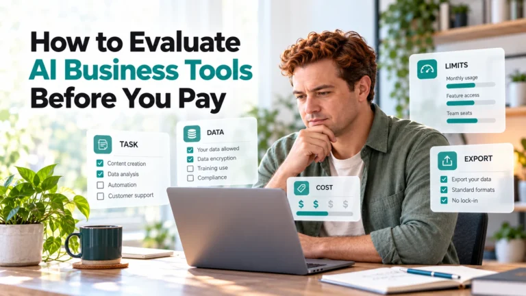 Small-business owner comparing task, data, cost, limits, and export options to evaluate AI business tools.