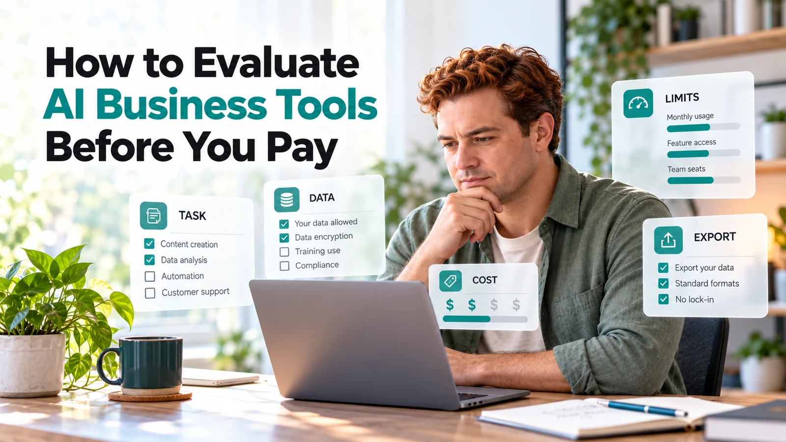 Small-business owner comparing task, data, cost, limits, and export options to evaluate AI business tools.