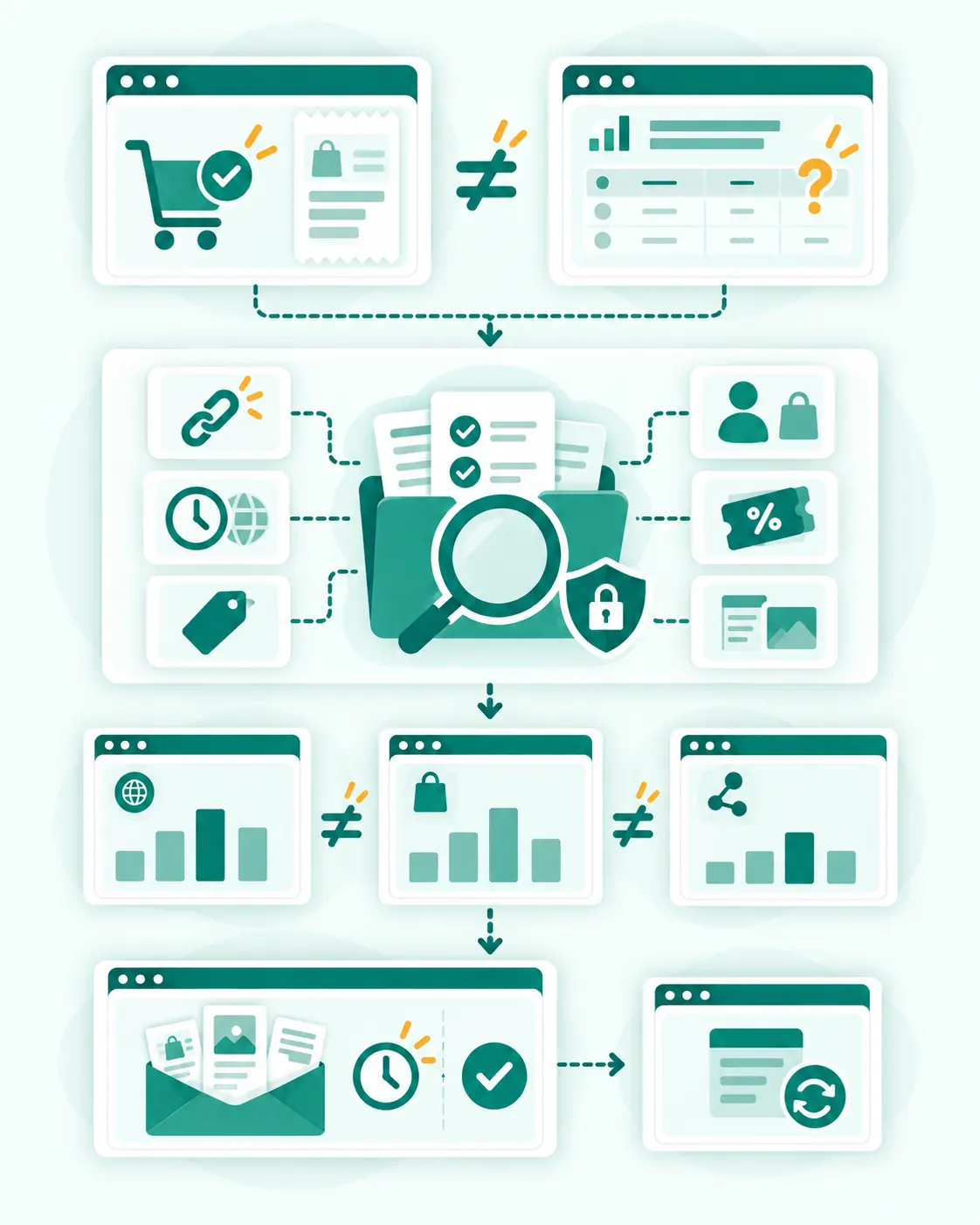 Confirmed purchase compared with a missing affiliate conversion, followed by evidence review, dashboard comparison, and a documented inquiry.
