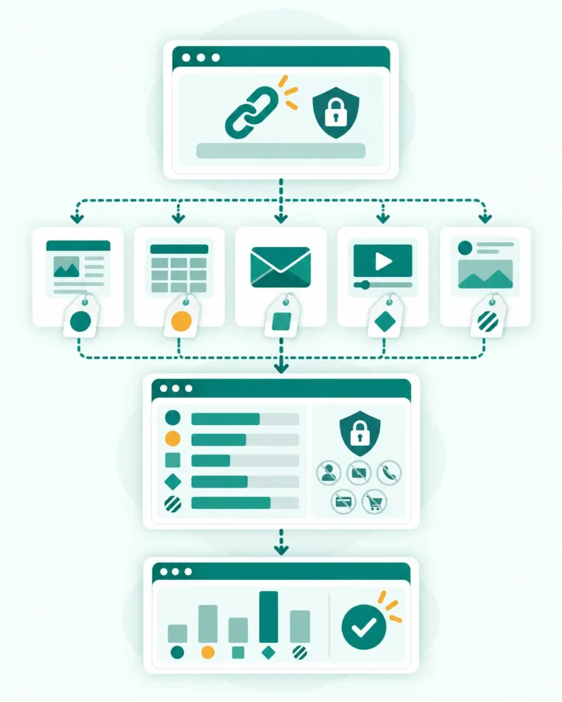 Affiliate link divided into tagged website, comparison, email, video, and social placements with separate performance results.