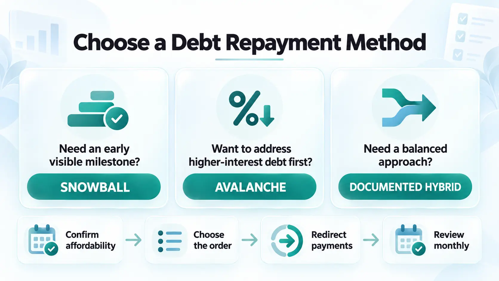 Debt repayment methods decision guide comparing snowball, avalanche, and documented hybrid approaches.