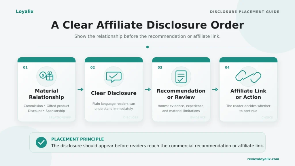 A clear affiliate disclosure order from material relationship to affiliate link