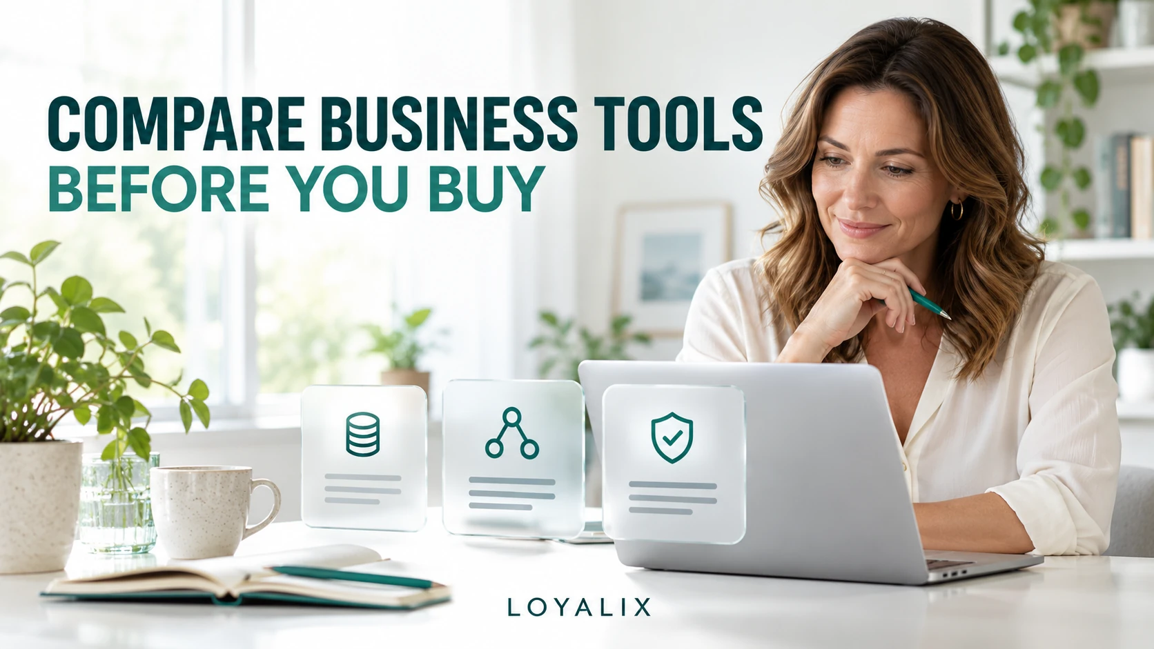 Business owner comparing tools at a laptop beside glass icons, with the title Compare Business Tools Before You Buy.