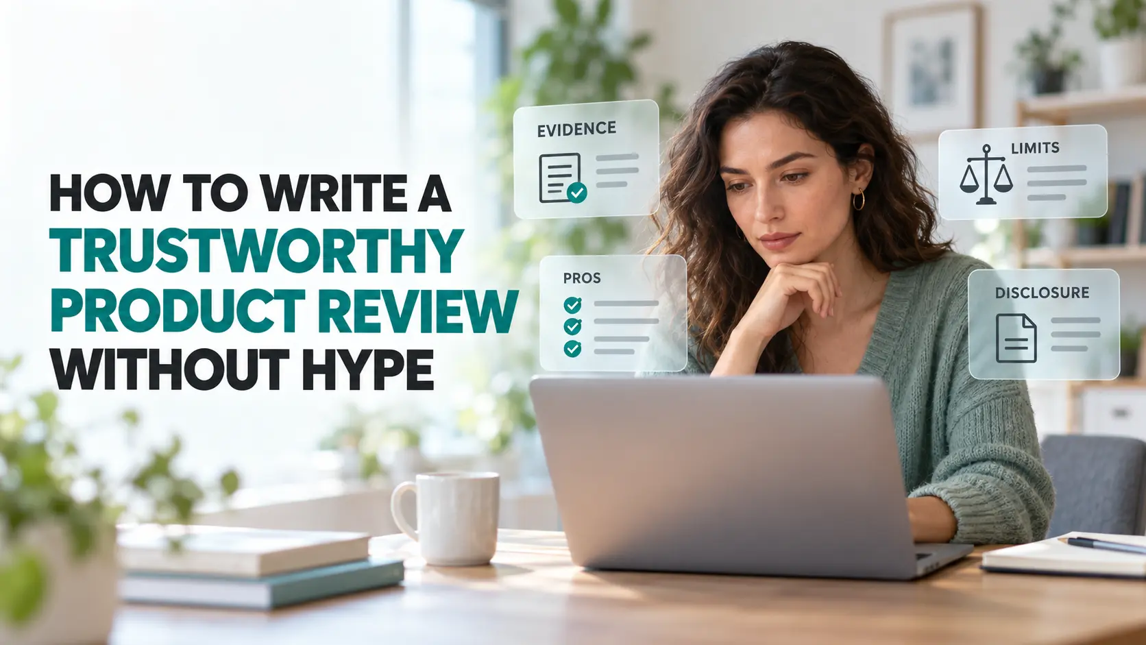 Content creator evaluating evidence, strengths, limitations, and disclosure for a trustworthy product review