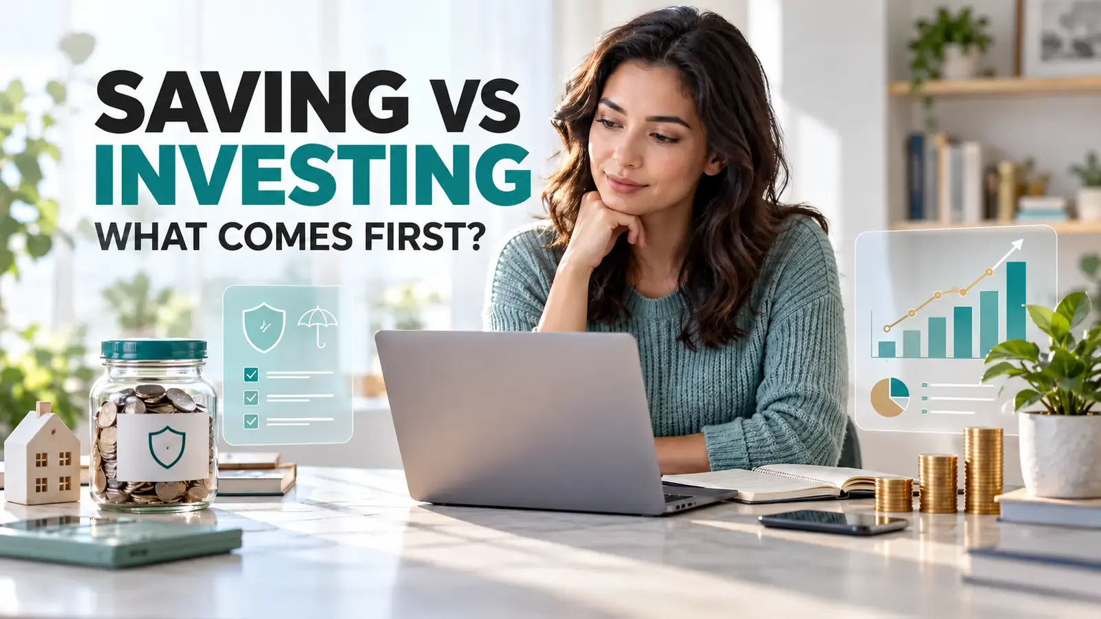 Saving vs investing comparison showing a woman deciding between an emergency fund and long-term investing.