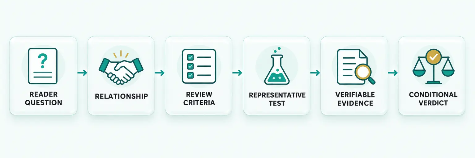 Six-step process for creating a trustworthy product review, from reader question to conditional verdict.